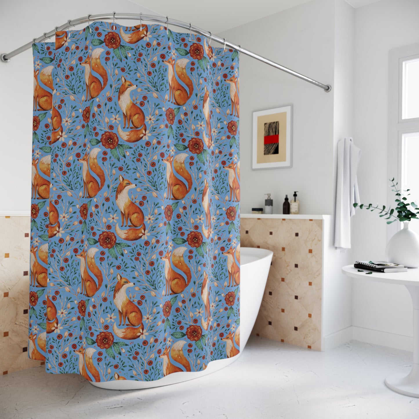Whimsical Fox Shower Curtain - Nature-Inspired Bathroom Decor - Blue