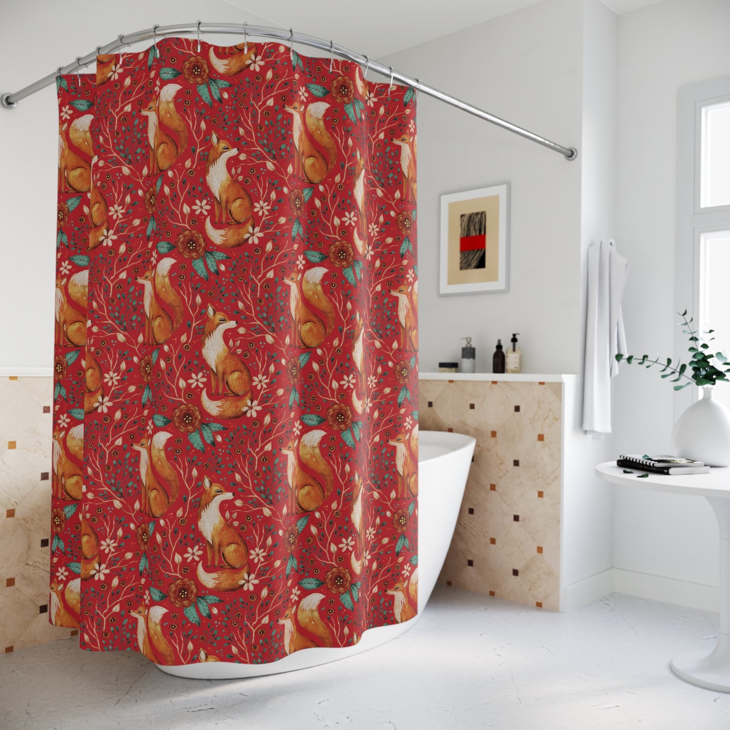 Whimsical Fox Shower Curtain - Nature-Inspired Bathroom Decor - Deep Red