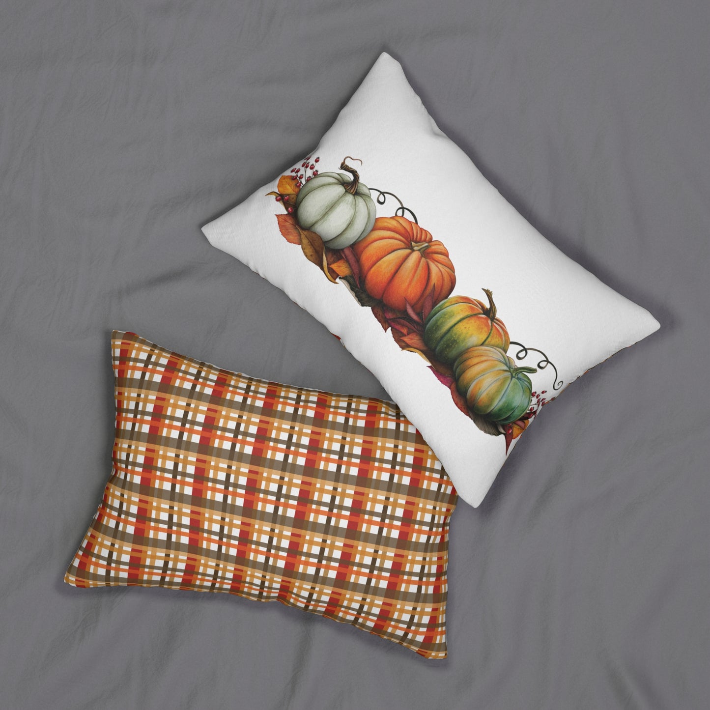 Fall Harvest Lumbar Pillow, Cozy Autumn Decor, Thanksgiving Home Accent, Pumpkin and Plaid Design, Seasonal Cushion