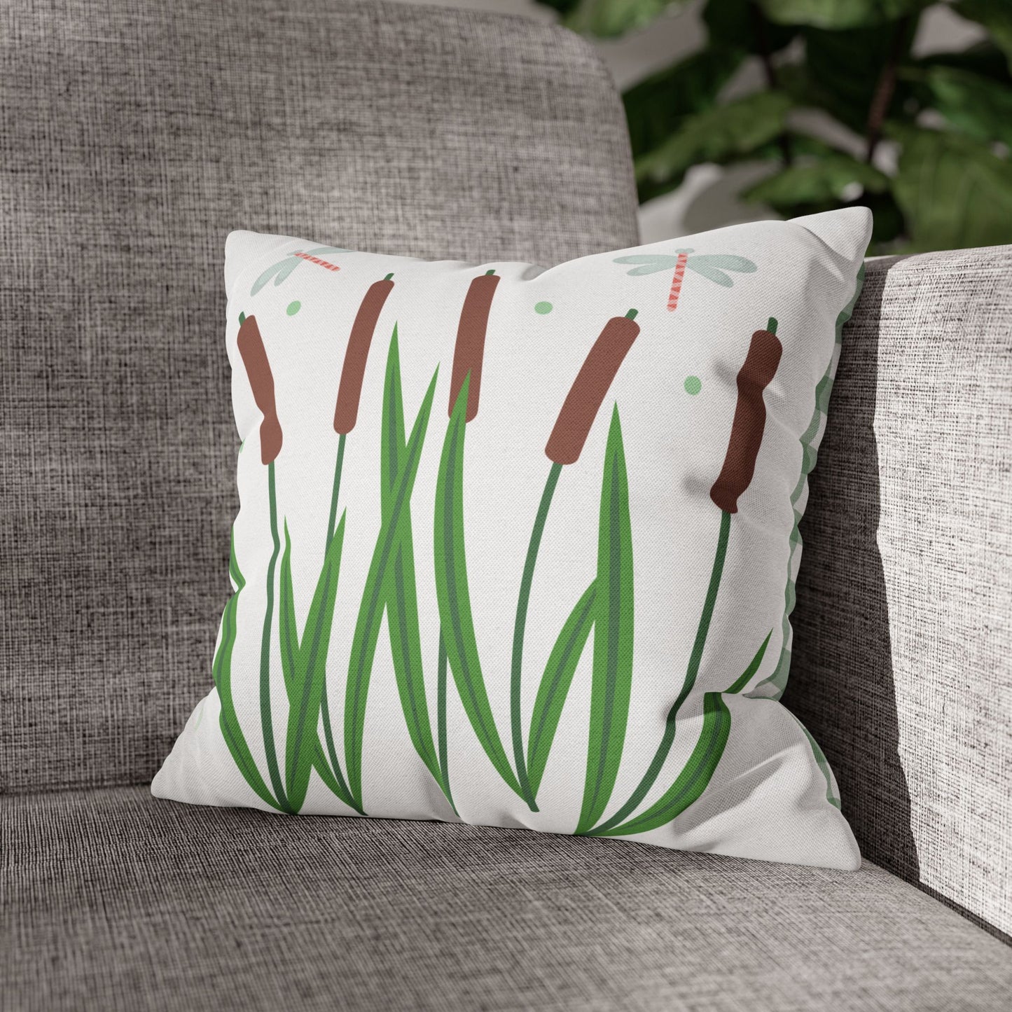 Nature-Inspired Dragonflies and Cattails Square Pillowcase, Cozy Decorative Cushion Cover for Home, Botanical Decor, Gift for Nature Lovers, Stylish Throw Pillow