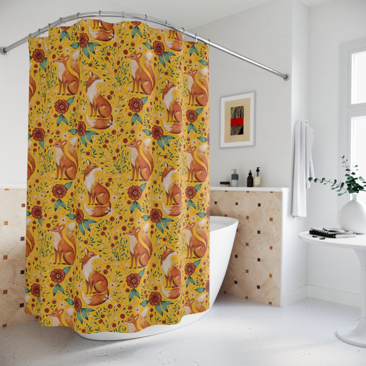 Whimsical Fox Shower Curtain - Nature-Inspired Bathroom Decor - Yellow