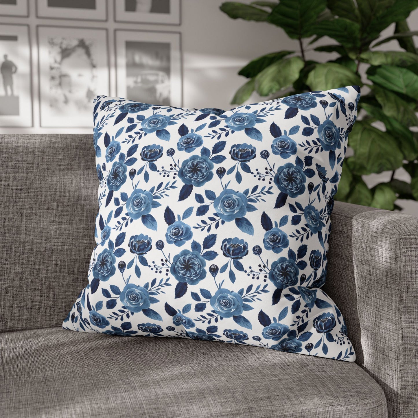 Floral Blue Canvas Pillowcase, Decorative Cushion Cover for Home Decor, Gifts for Her, Throw Pillow Cover, Cozy Living Room Accent