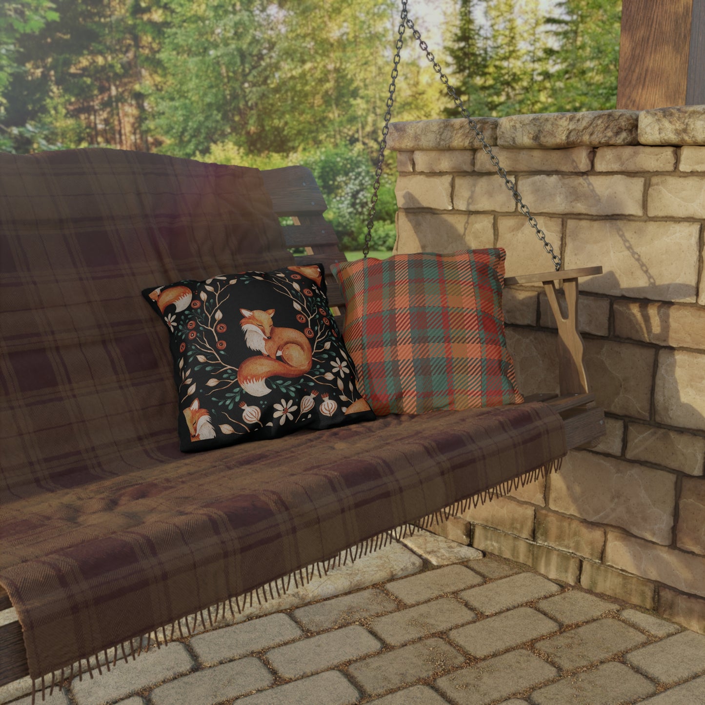 Outdoor/Indoor Pillow: Sleeping Fox with Plaid Print