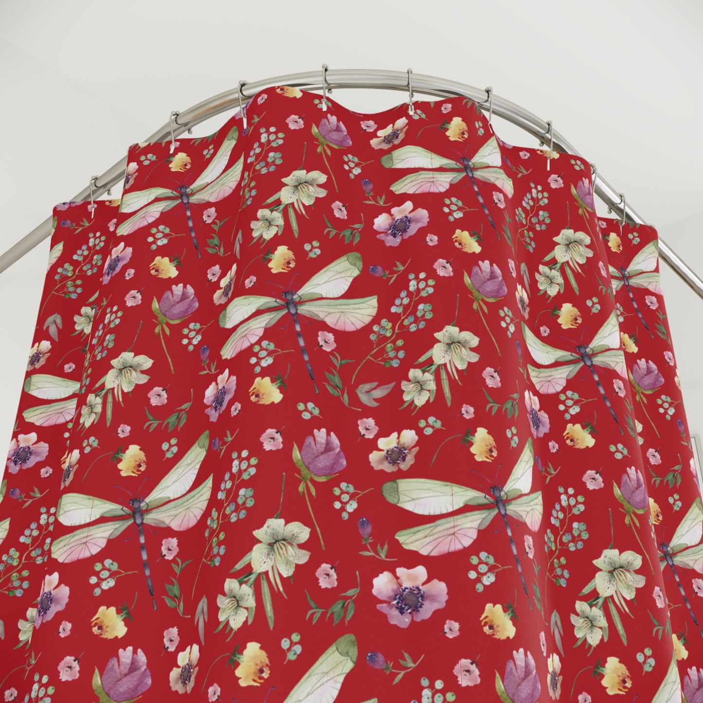 Floral Dragonfly Shower Curtain - Nature-Inspired Bathroom Decor - Deep Red