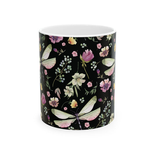 Whimsy in Bloom – Dragonflies & Floral Elegance ,Mug, Ceramic - Black