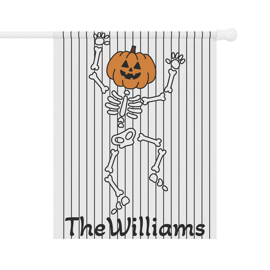Halloween Garden Banner, Cute Dancing Skeleton Personalized with Last Name, Halloween Decor, Outdoor Flag, Housewarming Gift, Fall Garden