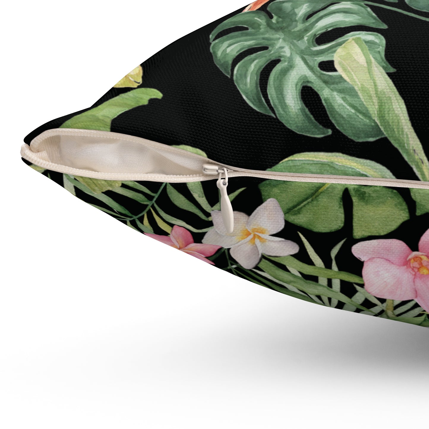 Midnight Orchid Luxe Throw Accent Pillow – Black with Coral Blossoms & Tropical Foliage