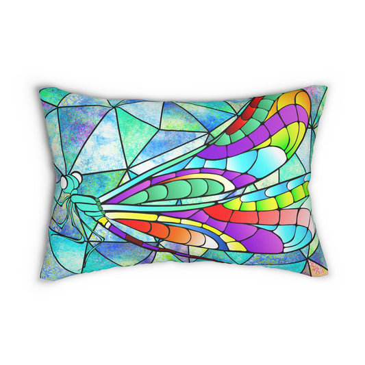 Colorful Geometric Dragonfly Lumbar Pillow, Boho Decorative Cushion, Vibrant Home Decor, Gift for Travelers, Stained Glass Modern Design