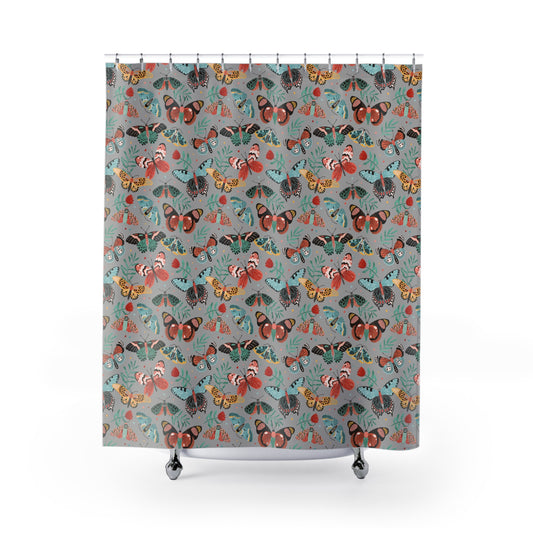 Colorful Butterfly Shower Curtain, Bright Bathroom Decor, Nature-Inspired Gift, Spring Vibes, Boho Bathroom Design, Home Decor - Light Grey