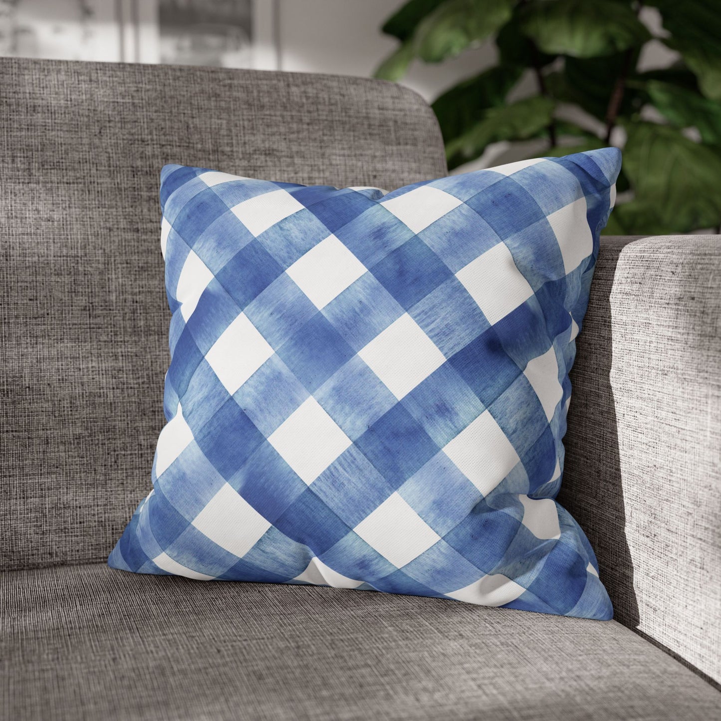 Blue Plaid Poly Canvas Pillowcase, Cozy Home Decor, Farmhouse Cushion, Throw Pillow Cover, Gift for Homeowners