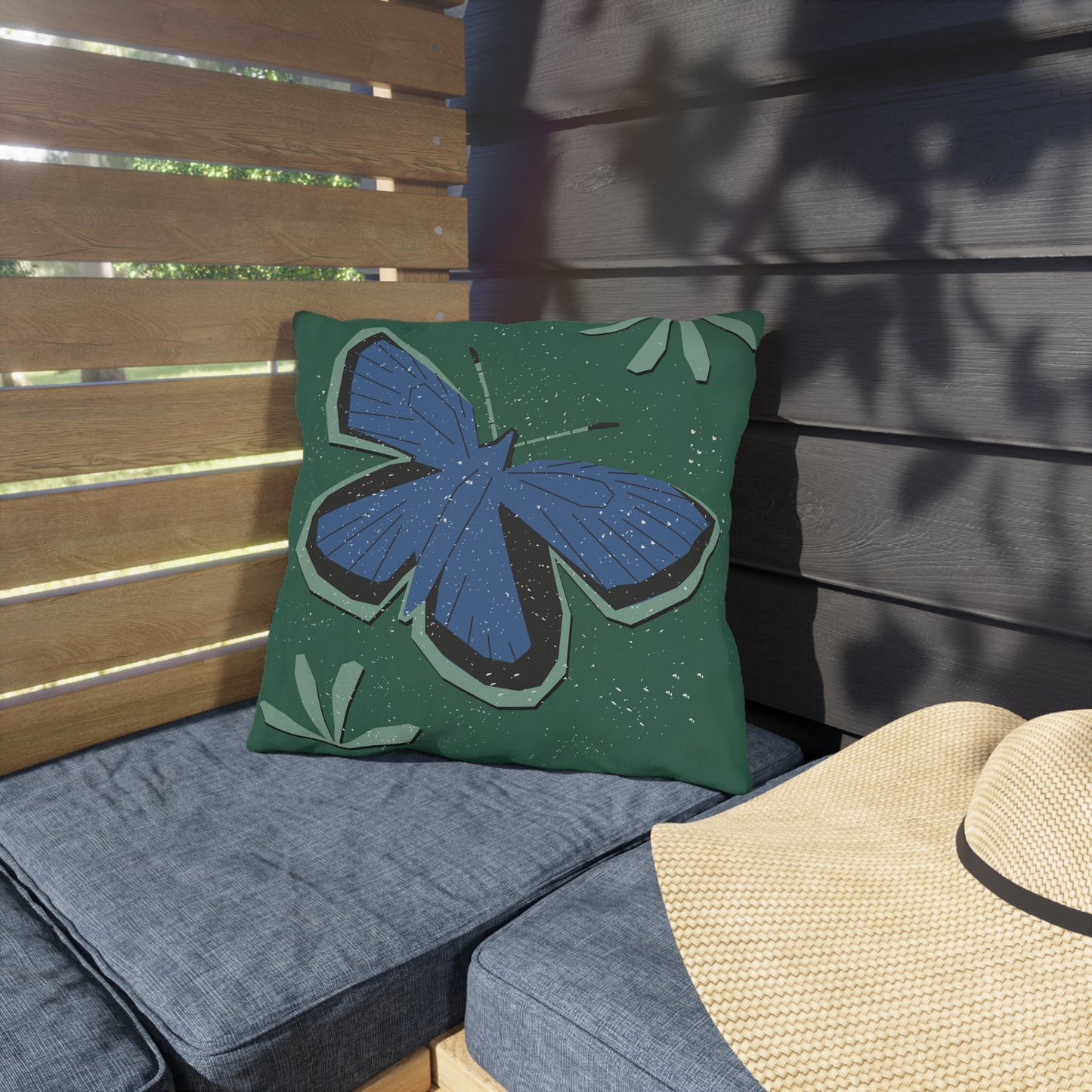 Outdoor Pillow - Blue Butterfly Rustic Matisse Inspired Back Design