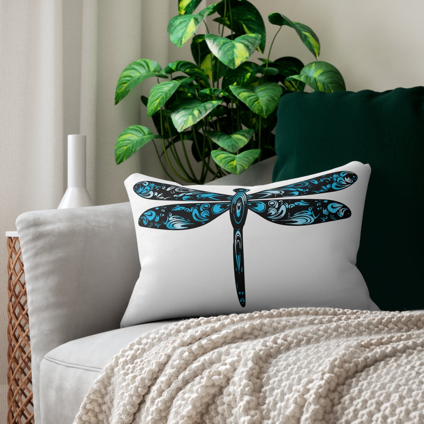 Vibrant Lumbar Pillow with Dragonfly and Geometric Patterns, Decorative Throw Pillow, Home Decor, Gift for Nature Lovers, Couch Accent
