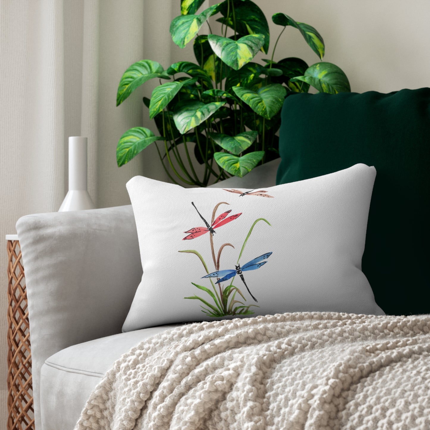 Botanical Lumbar Pillow with Dragonflies and Wildflowers, Decorative Pillow, Home Decor, Gift for Garden Lovers, Spring Accent Cushion