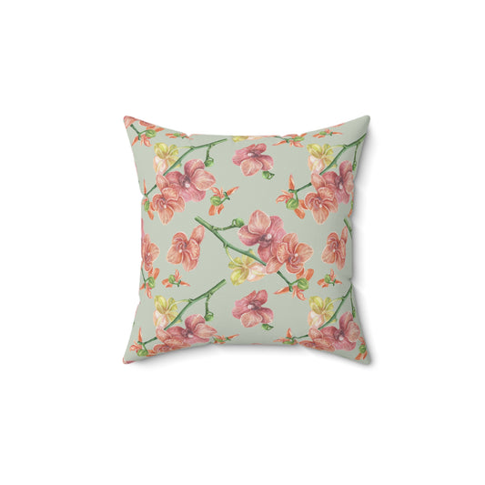 Elegant Salmon Kissed Orchids Floral Design with Coral Colored Patterned Spun Polyester Square Pillow, Cozy Home Decor, Gift for Her, Boho Accent Pillow, Decorative Cushion