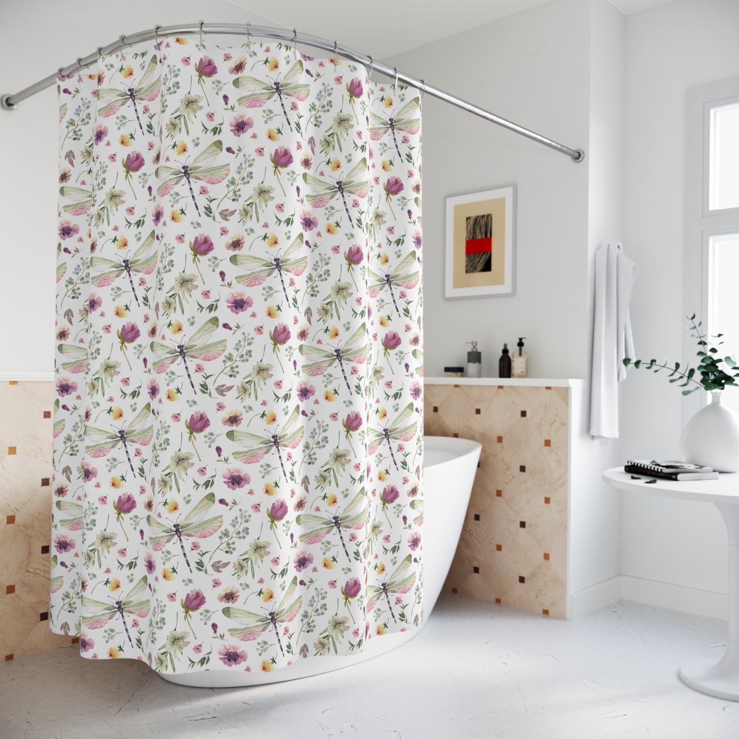 Floral Dragonfly Shower Curtain - Nature-Inspired Bathroom Decor