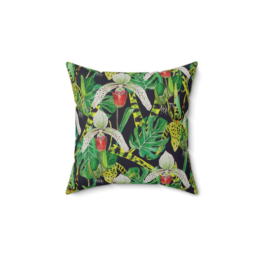 Tropical Noire Throw Pillow – Exotic Orchids & Classic Damask Reversible Design Square Pillow, Botanical Decor, Cozy Home Accessories, Gift for Plant Lovers, Modern Throw Pillows