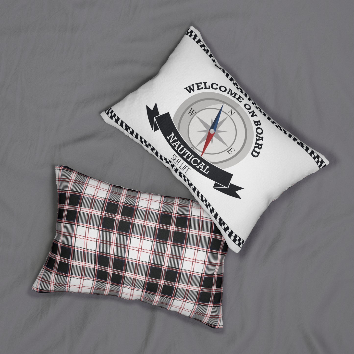 Lumbar Pillow - Welcome On Board Sea Life Fun Design with Matching Plaid Backside
