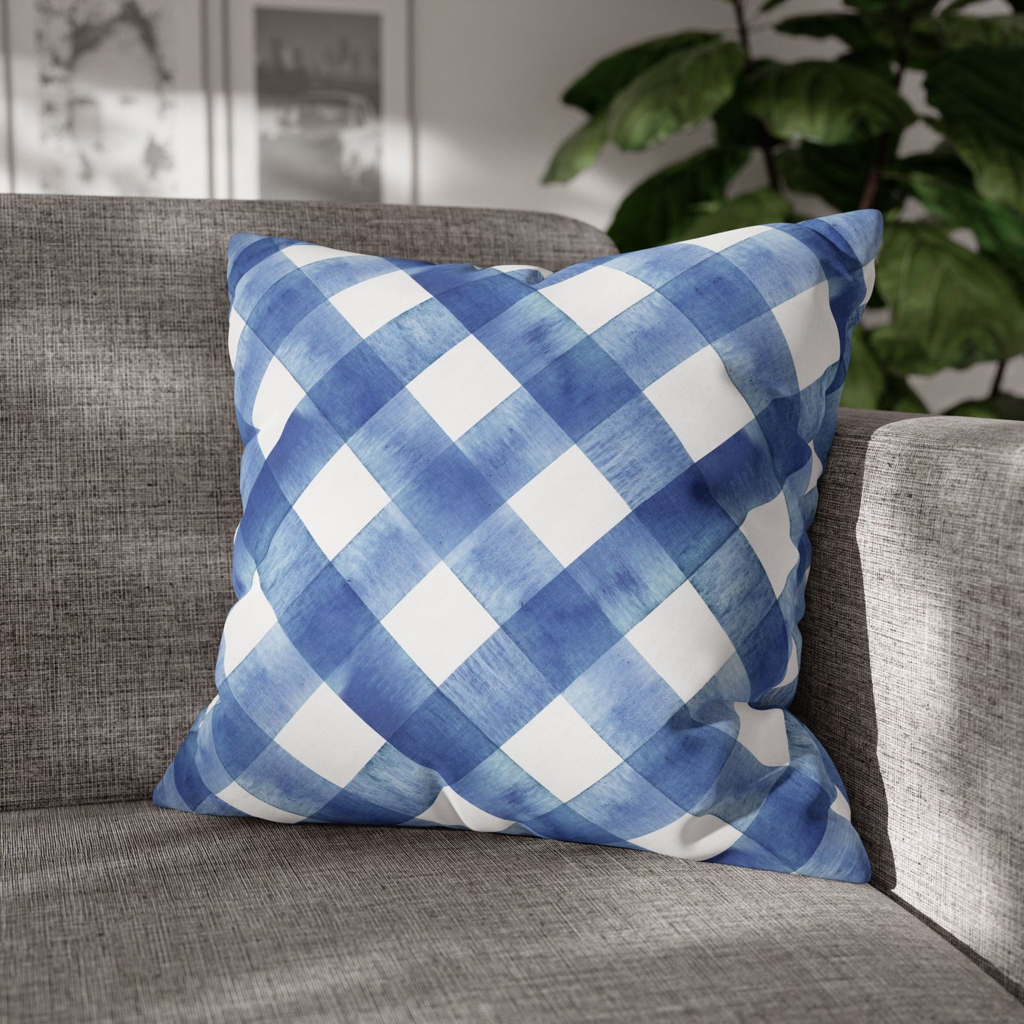 Blue Plaid Poly Canvas Pillowcase, Cozy Home Decor, Farmhouse Cushion, Throw Pillow Cover, Gift for Homeowners