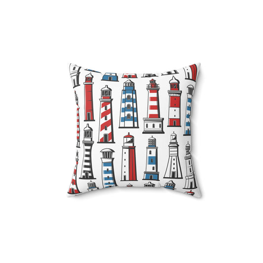 Lighthouse & Checkered Pattern Square Pillow | Coastal Home Decor