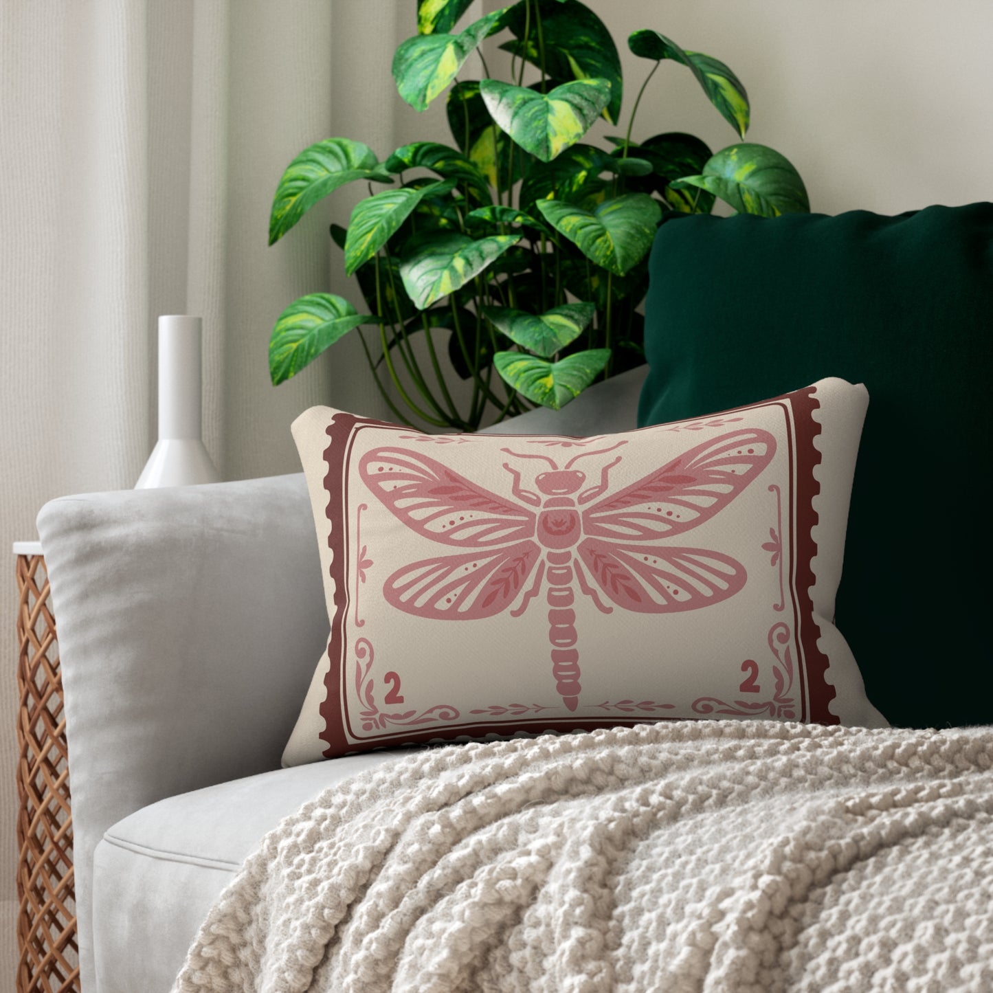 Vintage Burgundy and Blush Dragonfly & Floral Pattern Lumbar Pillow – Rustic Boho