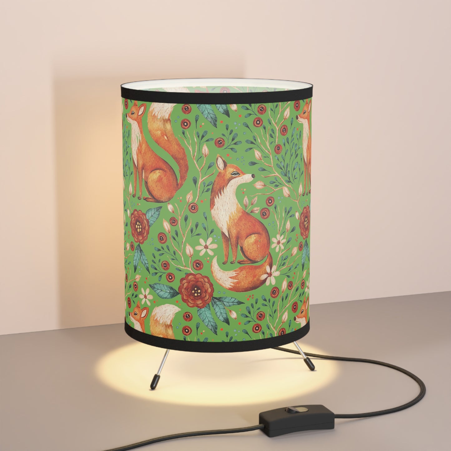 Whimsical Fox Tripod Lamp - High-Res Printed Shade for Cozy Decor - Thyme Green