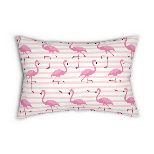 Lumbar Pillow - Tropical Flamingo Decor, Colorful Pink & Stripe Design