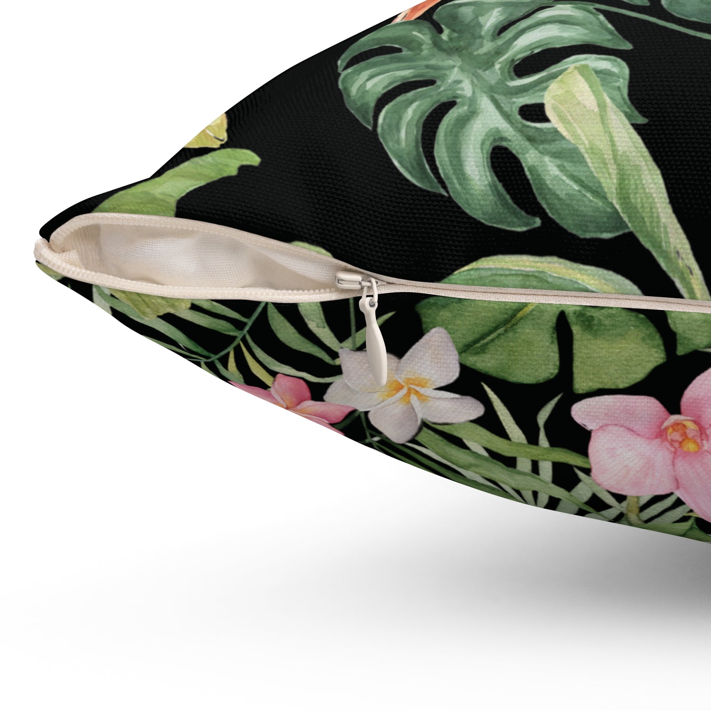 Midnight Orchid Luxe Throw Accent Pillow – Black with Coral Blossoms & Tropical Foliage