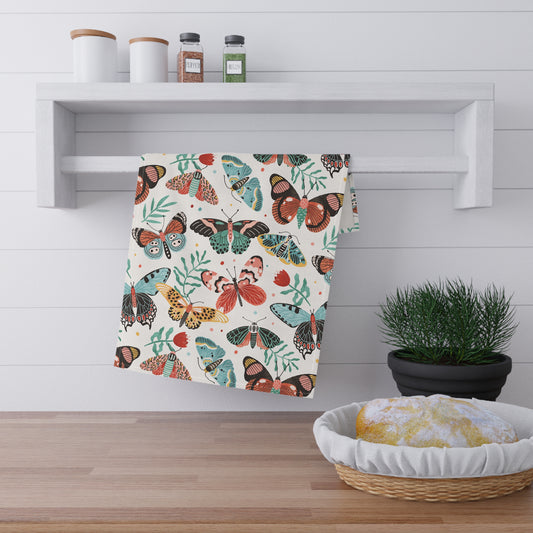 Butterfly Breeze Cotton Tea Towel –  Soothing Turquoise & Muted Red