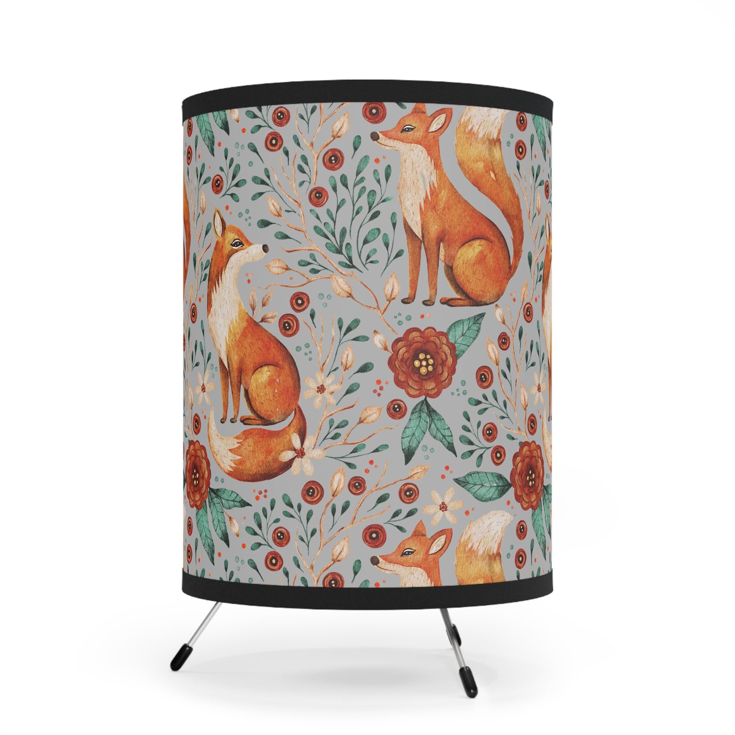 Whimsical Fox Tripod Lamp - High-Res Printed Shade for Cozy Decor - Light Grey
