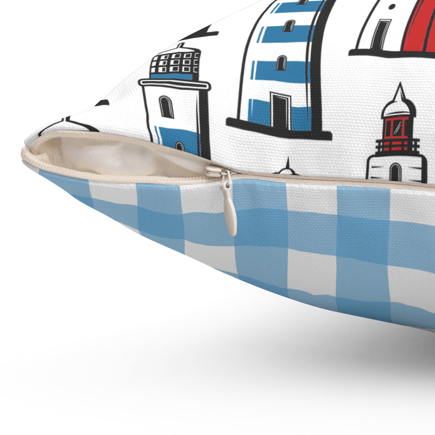 Lighthouse & Checkered Pattern Square Pillow | Coastal Home Decor