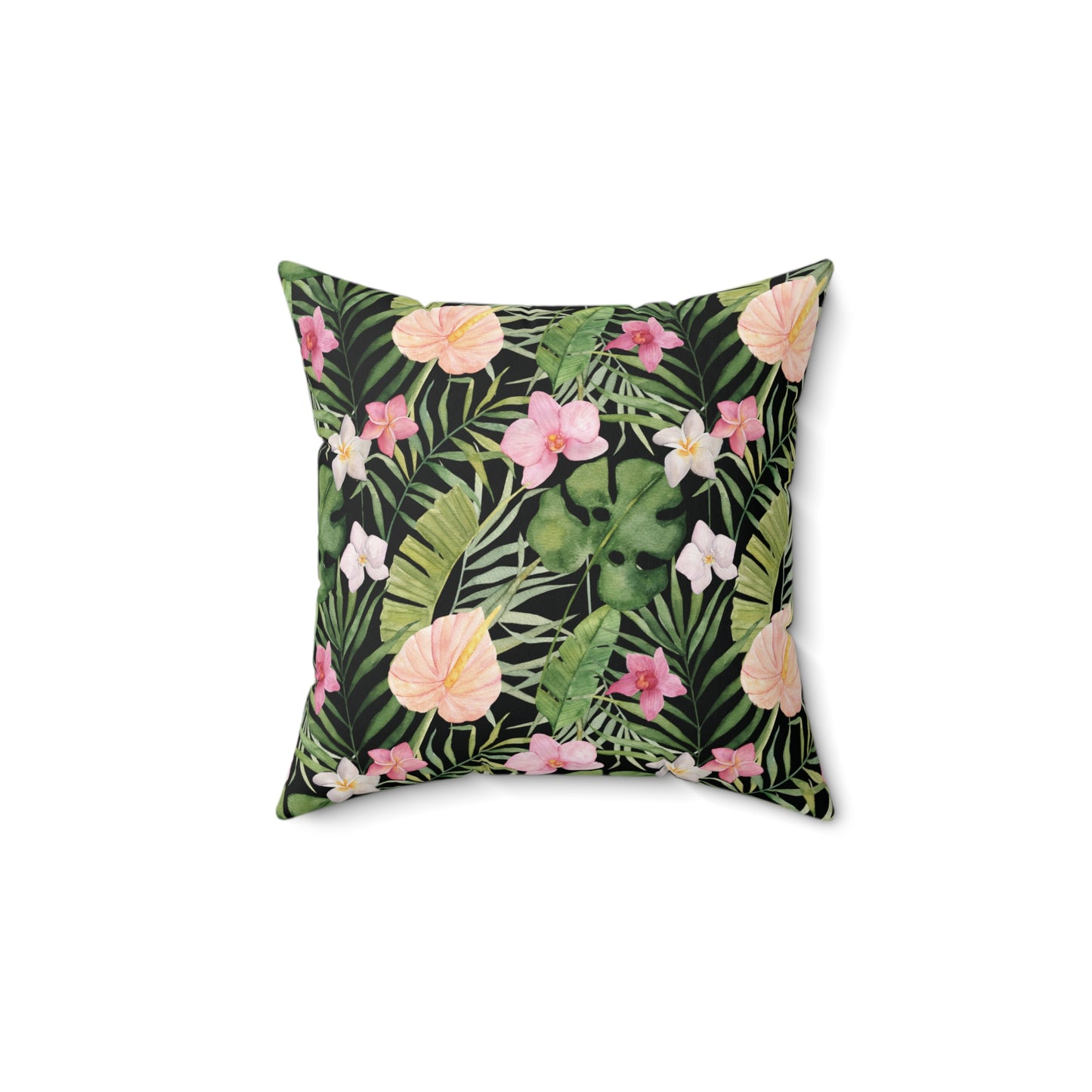 Midnight Orchid Luxe Throw Accent Pillow – Black with Coral Blossoms & Tropical Foliage