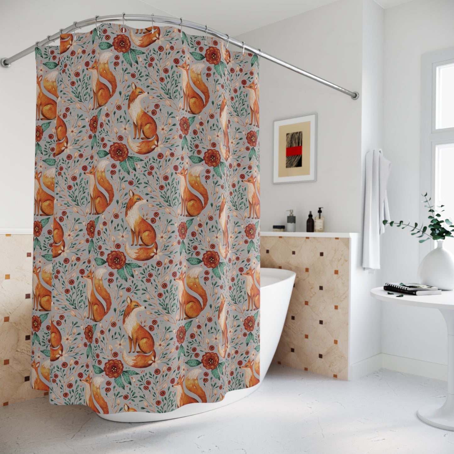 Whimsical Fox Shower Curtain - Nature-Inspired Bathroom Decor - Light Grey