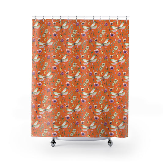 Floral Dragonfly Shower Curtain - Nature-Inspired Bathroom Decor - Sunset Orange