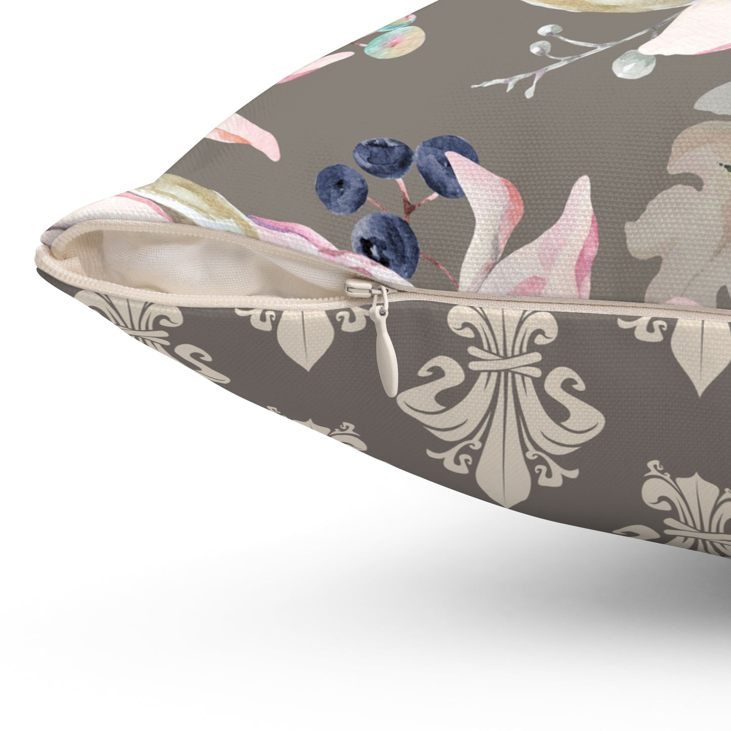Orchid Bloom Reversible Throw Pillow – Gray & Pink with Royal Pattern Back
