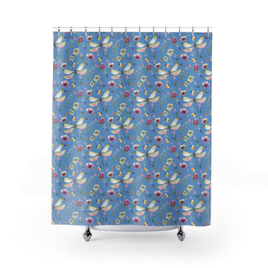Floral Dragonfly Shower Curtain - Nature-Inspired Bathroom Decor - Blue