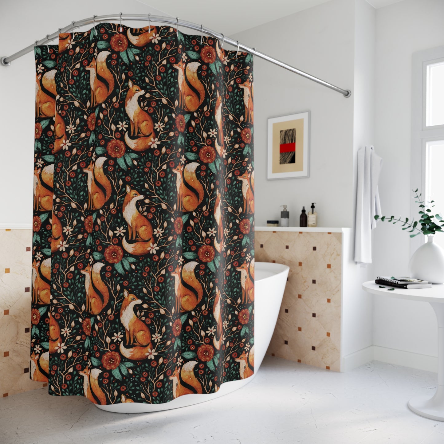 Whimsical Fox Shower Curtain - Nature-Inspired Bathroom Decor - Black