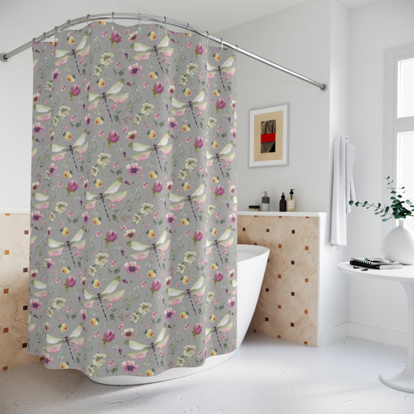 Floral Dragonfly Shower Curtain - Nature-Inspired Bathroom Decor - Light Grey