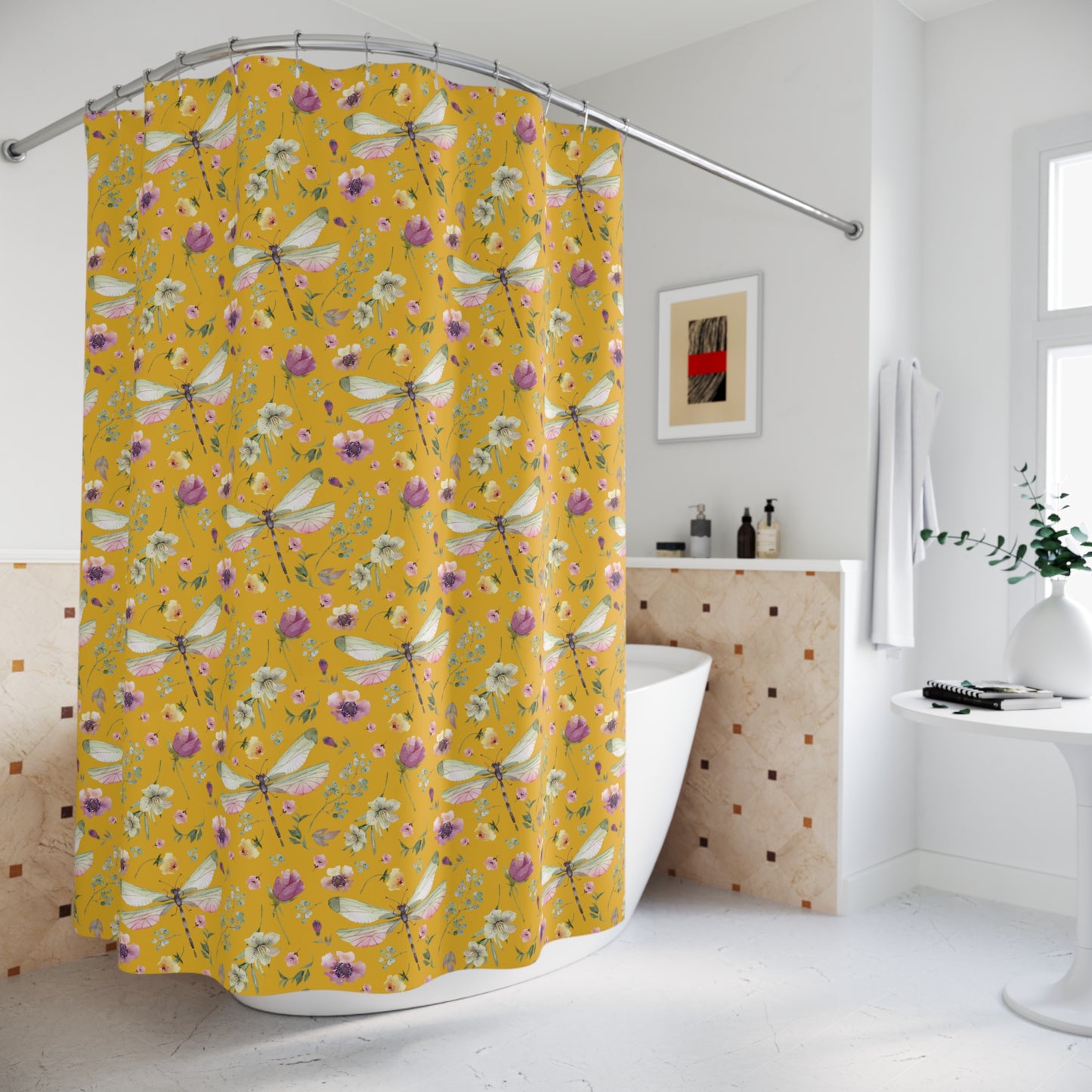 Floral Dragonfly Shower Curtain - Nature-Inspired Bathroom Decor - Yellow