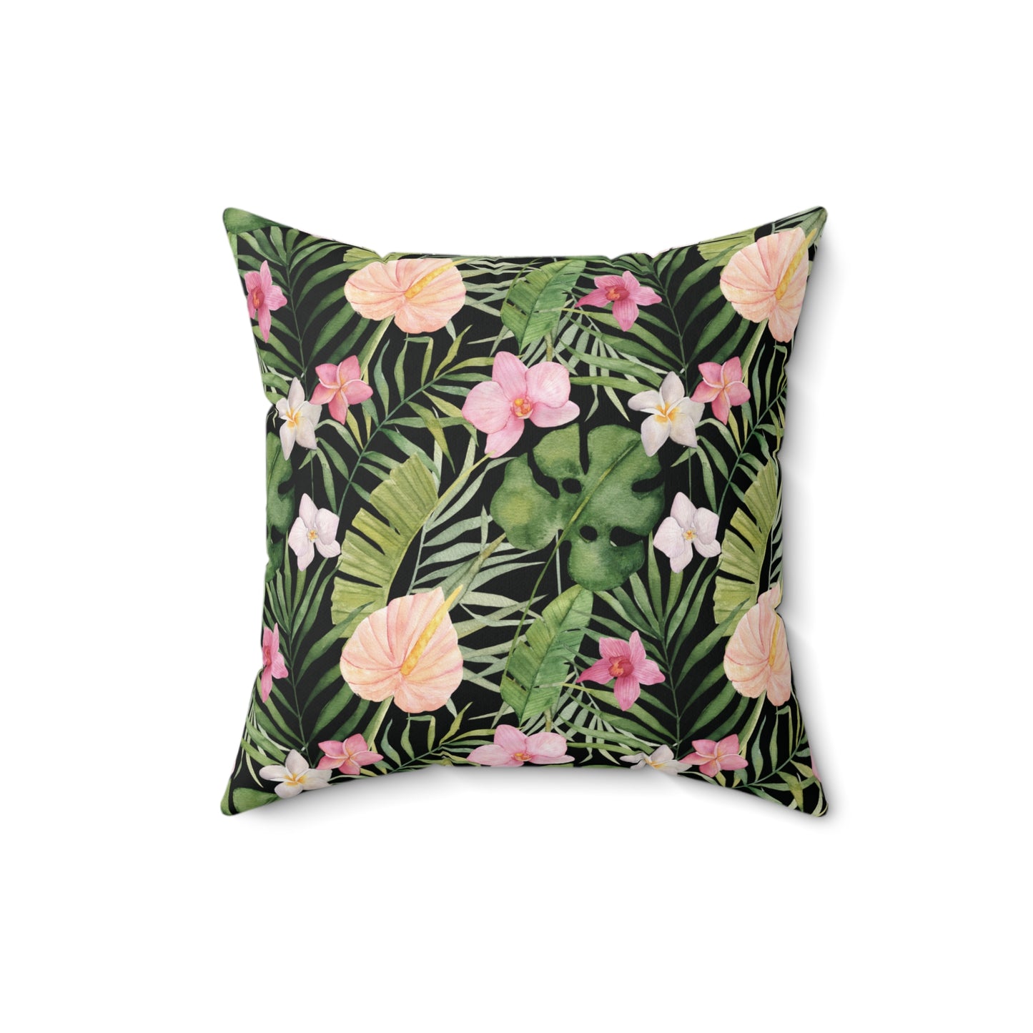 Midnight Orchid Luxe Throw Accent Pillow – Black with Coral Blossoms & Tropical Foliage