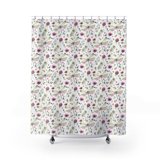 Floral Dragonfly Shower Curtain - Nature-Inspired Bathroom Decor