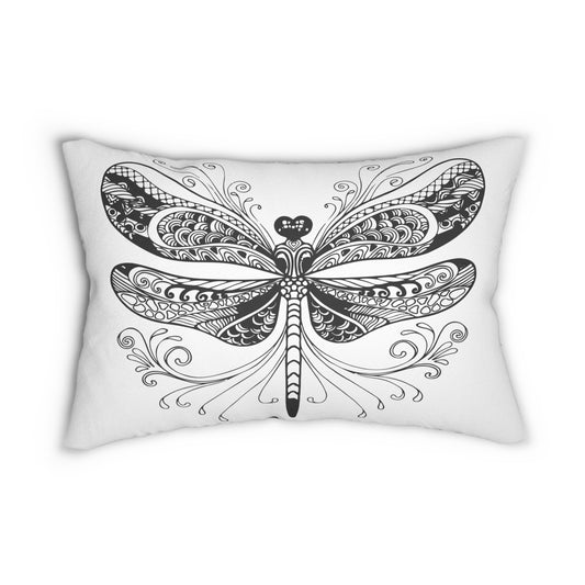 Elegant Black and White Dragonfly and Floral Lumbar Pillow, Vintage Decor, Cozy Home Accents, Gift for Nature Lovers, Spring Decor