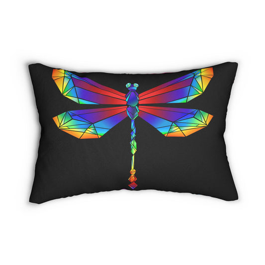 Vibrant Prism Dragonfly on Black Lumbar Pillow - Colorful Home Decor, Modern Throw Pillow, Unique Couch Accent, Gift for Her, Rainbow Geometric Design