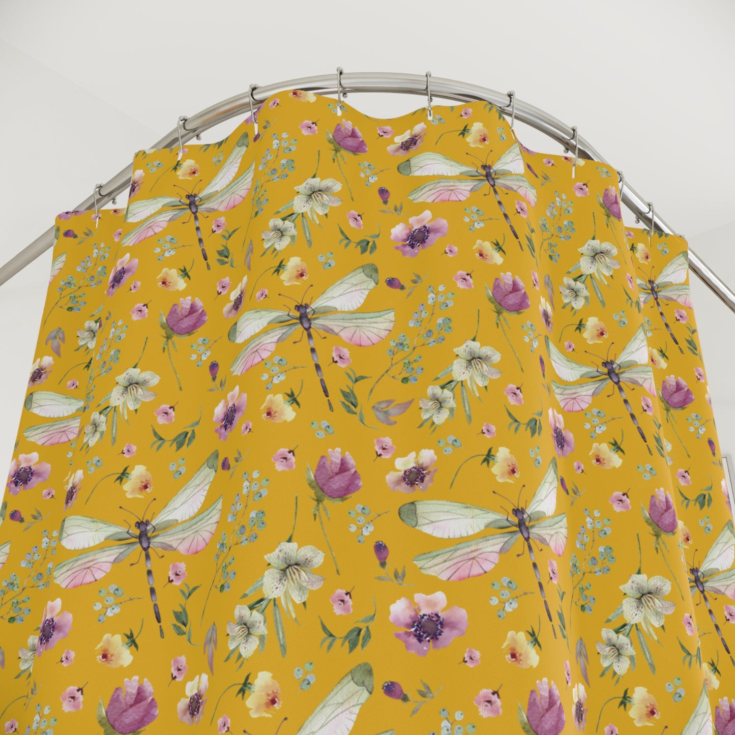 Floral Dragonfly Shower Curtain - Nature-Inspired Bathroom Decor - Yellow