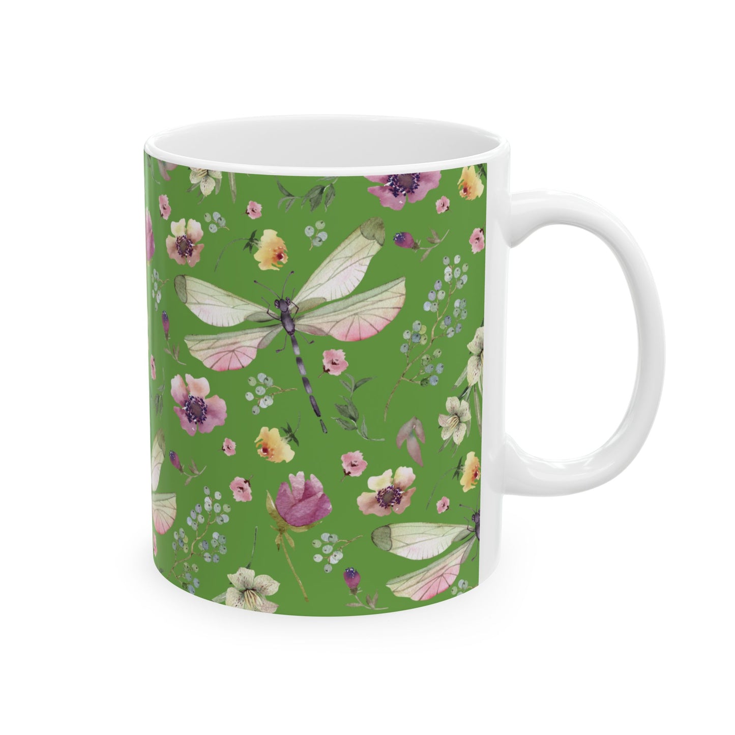 Whimsy in Bloom – Dragonflies & Floral Elegance ,Mug, Ceramic - Green