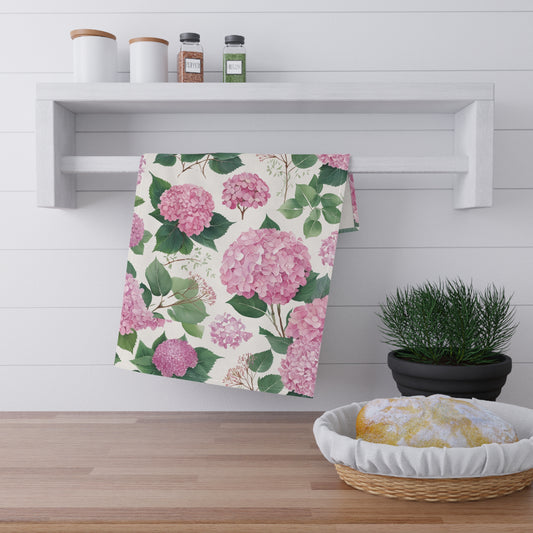 Pink Hydrangea Tea Towel – Floral Cotton Kitchen Towel, Romantic Cottagecore Décor, Botanical Dish Towel, Shabby Chic Gift Idea
