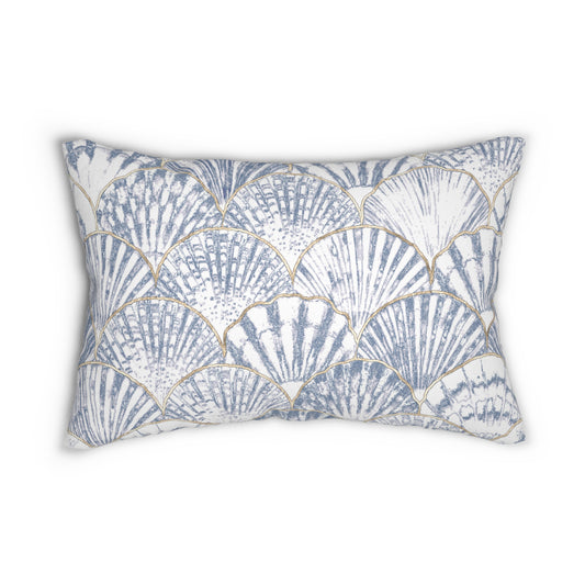 Coastal Chic Mystic Blue Seashells with Gold Lumbar Pillow | Beach Decor, Nautical Home Accents, Relaxing Vibes, Living Room Comfort, Gift for Sea Lovers