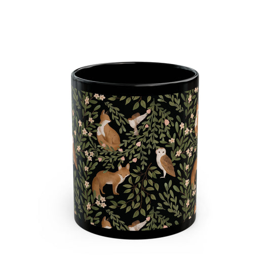 Little Fox and Owl Woodland Themed Black Mug - Perfect for Nature Lovers
