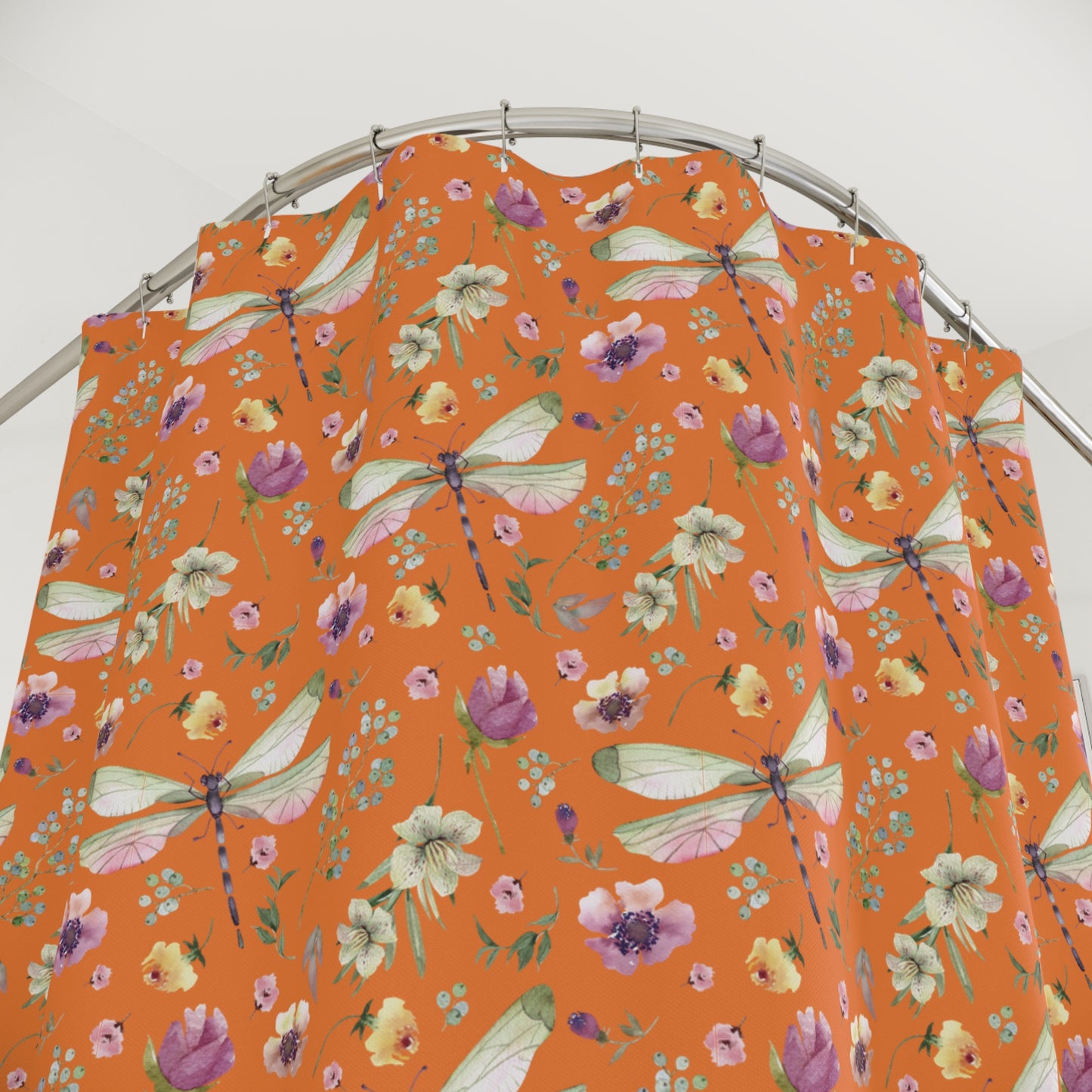 Floral Dragonfly Shower Curtain - Nature-Inspired Bathroom Decor - Sunset Orange
