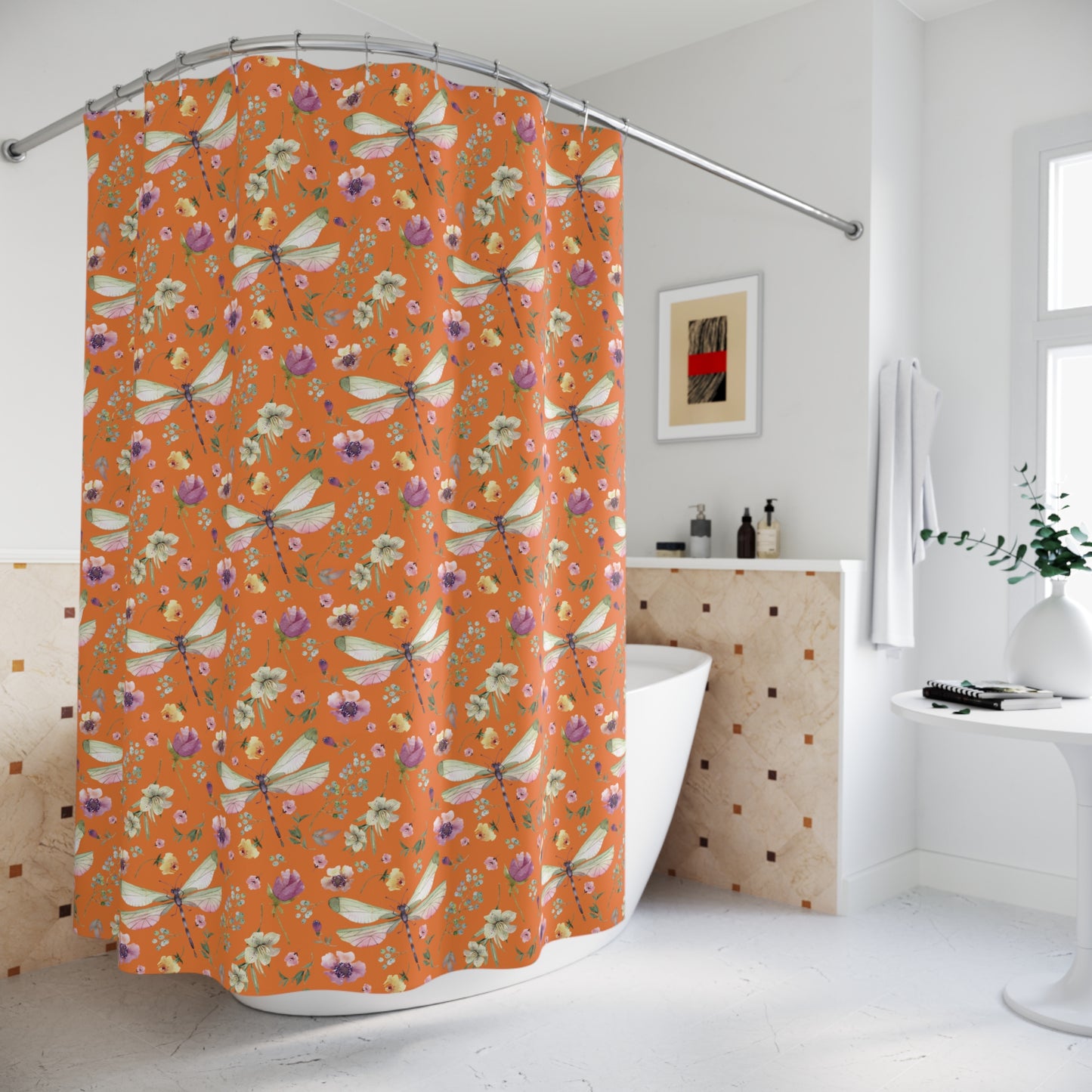 Floral Dragonfly Shower Curtain - Nature-Inspired Bathroom Decor - Sunset Orange