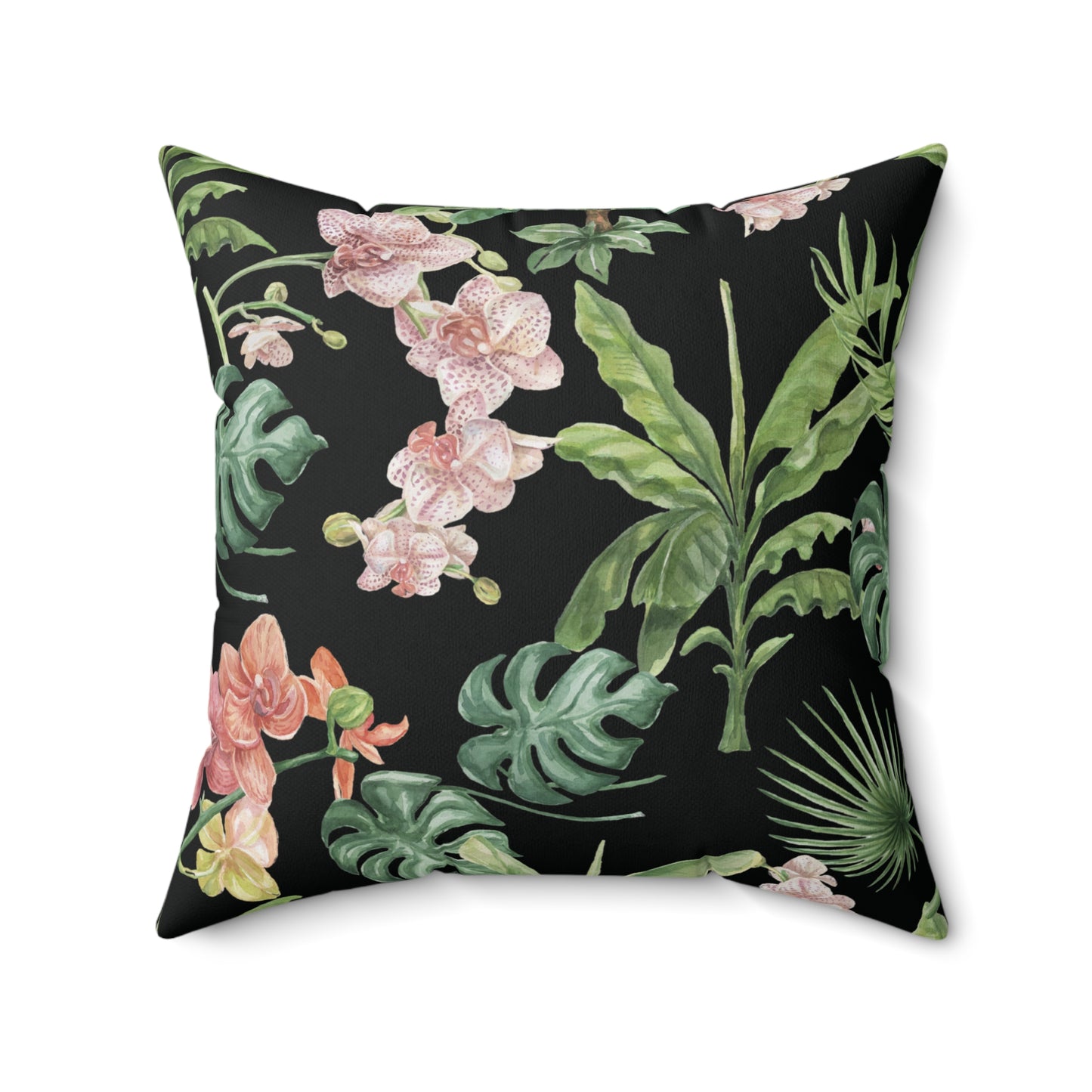 Midnight Orchid Luxe Throw Accent Pillow – Black with Coral Blossoms & Tropical Foliage